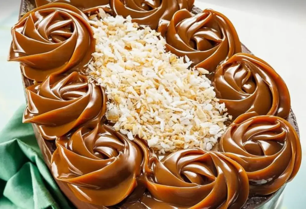 Uma ovo de colher com recheio de doce de leite com coco.