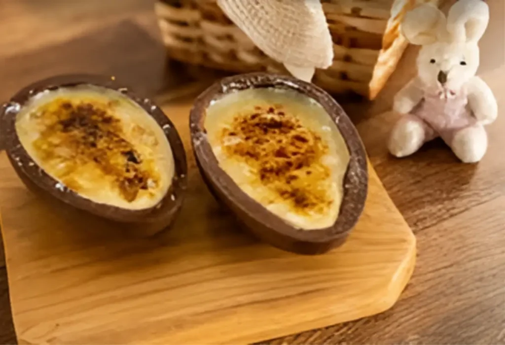 Uma mesa com decoração de páscoa e dois ovos recheados com créme de brullée.