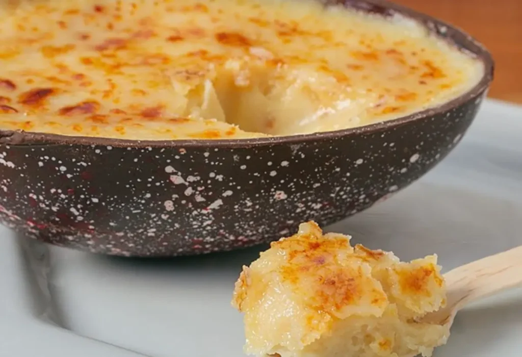 Uma casa de oco de páscoa com recheio de creme brulee.