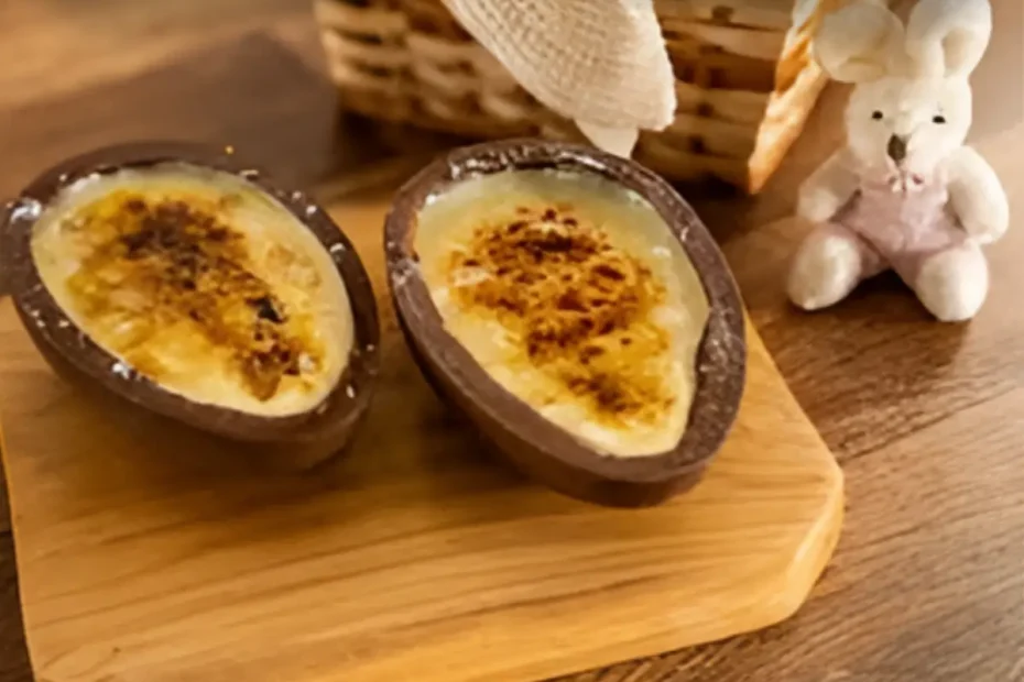 Uma mesa com decoração de páscoa e dois ovos recheados com creme de brulee.