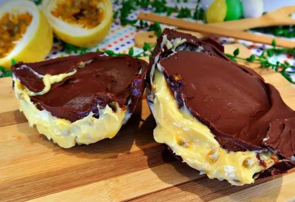 Ovo trufado de maracujá com casca crocante em uma mesa para ser servido.