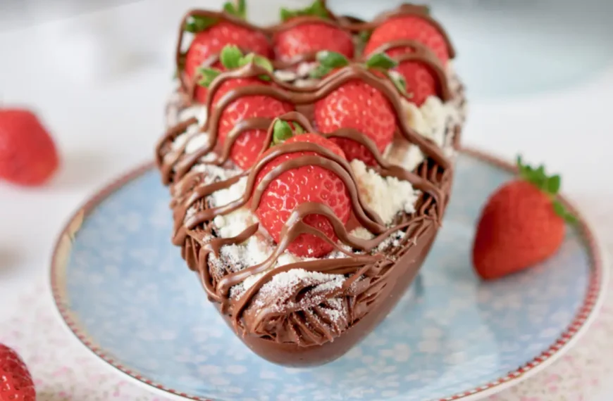 Um prato com uma casca de ovo de páscoa de morango, leite ninho e nutella.