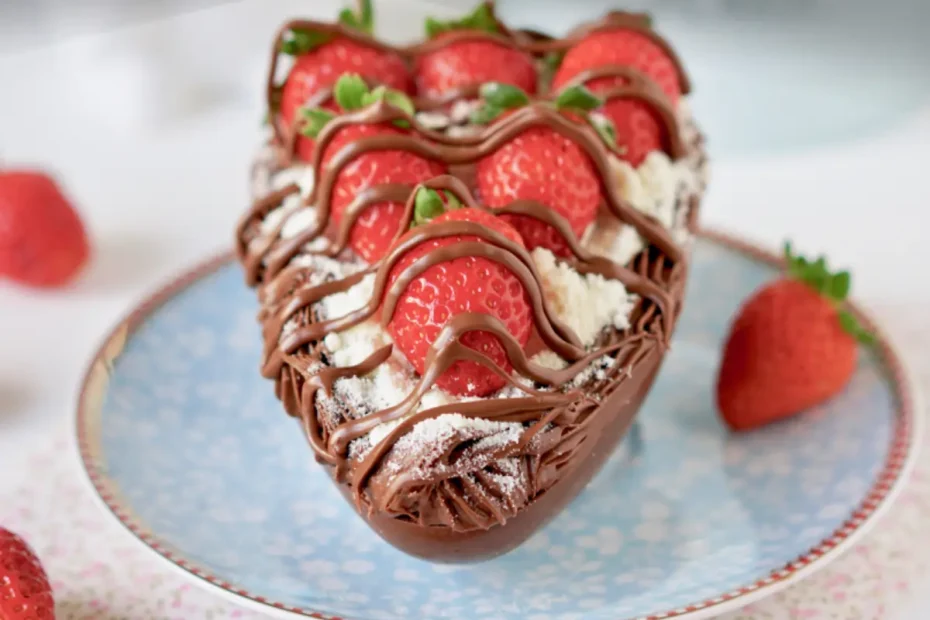 Um prato com uma casca de ovo de páscoa de morango, leite ninho e nutella.