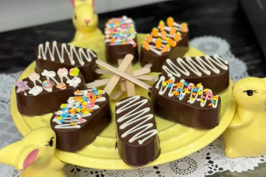 um prato decorativo de páscoa com picolé de chocolates decorando.